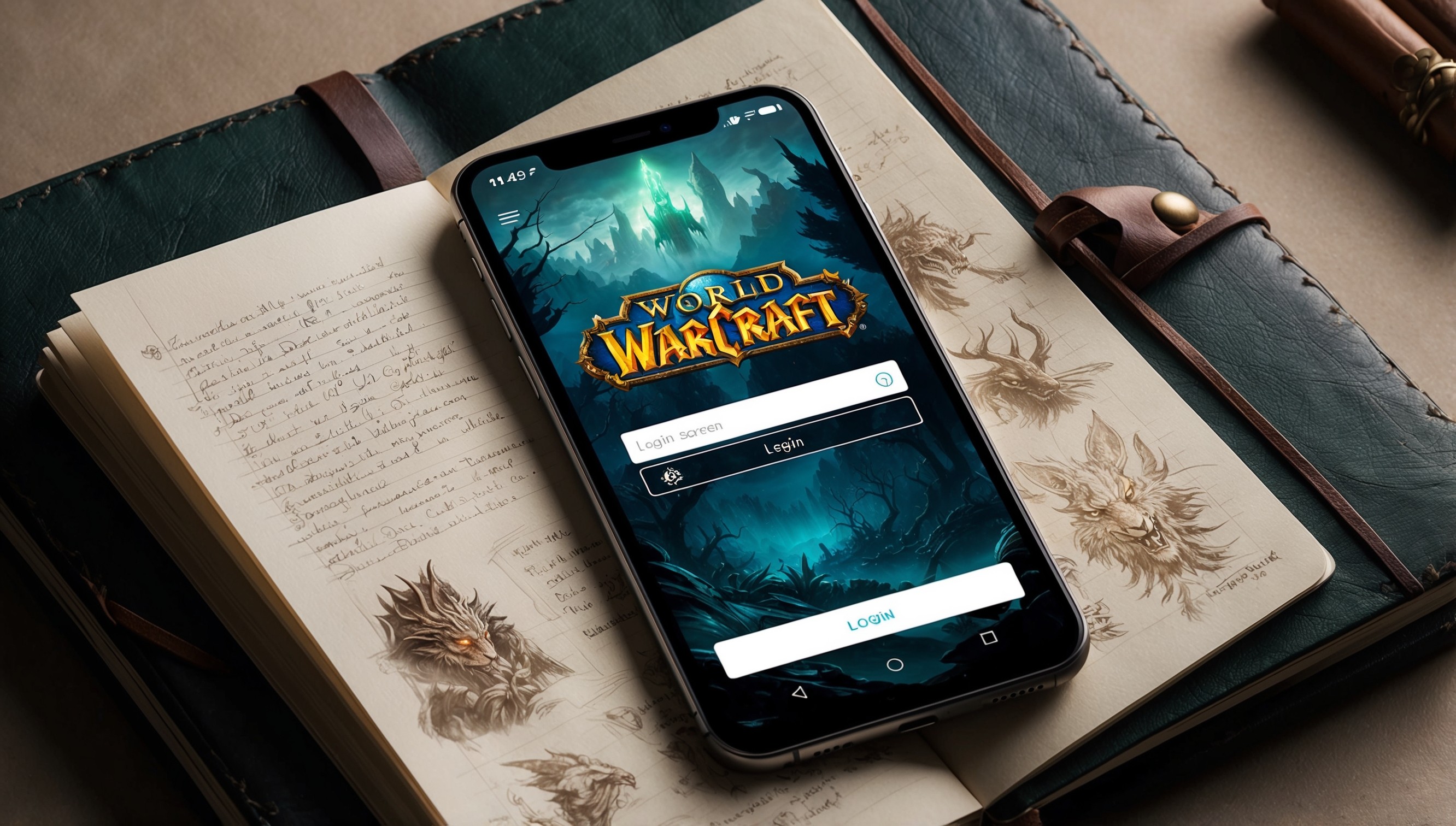 A sleek, modern smartphone lies on a dark, worn leather-bound journal, open to a page filled with notes and sketches of fantastical creatures and mythical landscapes, evoking the world of Azeroth. The phone's screen glows with a vibrant, high-definition image of the World of Warcraft app's login screen, featuring the iconic WoW logo in bold, golden font, set against a backdrop of a misty, twilight forest. The UI is intuitive and clean, with prominent buttons and menus that hint at the vast, immersive gaming experience within. The overall aesthetic is one of subtle, mystical fantasy, with earthy tones of green, brown, and beige, punctuated by flashes of silver and gold. The composition is balanced, with the phone positioned at a slight angle, as if recently set down by a busy gamer. The lighting is soft and warm, with subtle shadows that add depth to the scene.