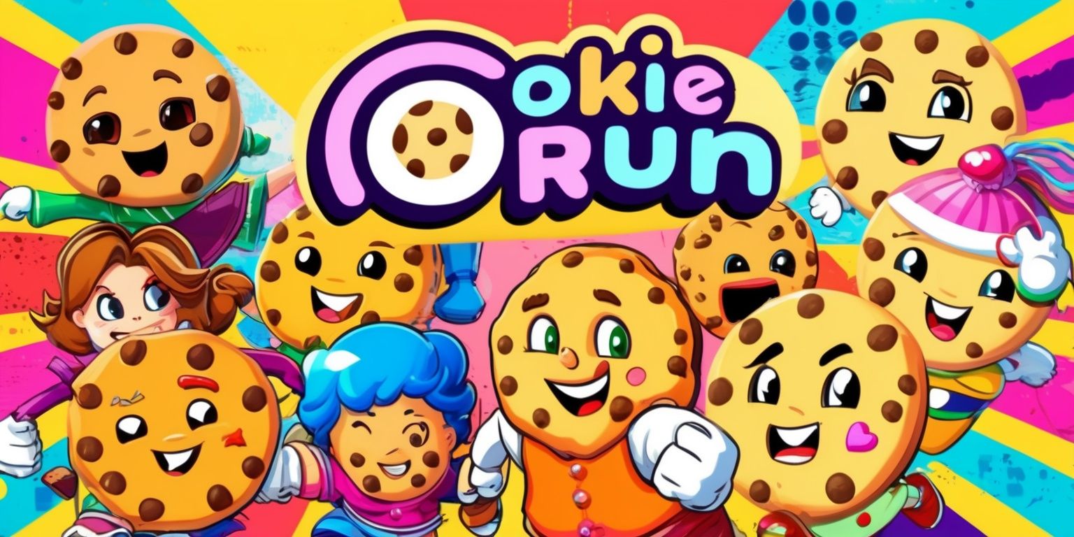 A colorful digital illustration of the Cookie Run game, featuring a variety of cookie characters with distinct facial features and vibrant outfits, set against a bright and lively background with bold lines and textures, incorporating the game's iconic logo in a modern, playful font with pastel colors, including a prominent display of the game's title in a curved line above the characters, with the cookies showcased in different dynamic poses and emotions, highlighting their unique attributes and skills, all blended together in a visually appealing composition that captures the game's energetic and adventurous spirit.