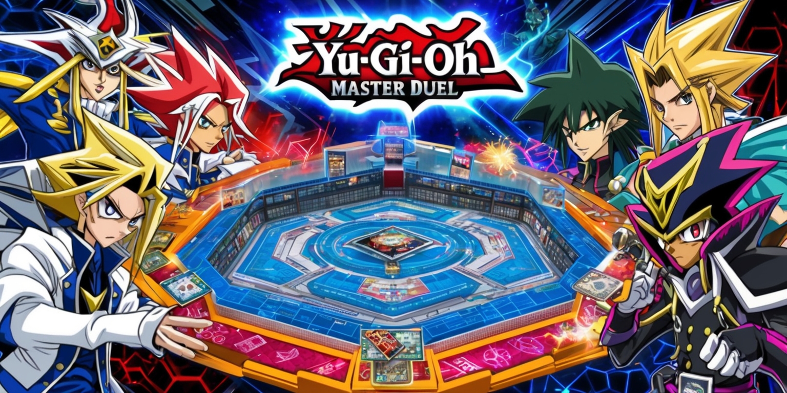 A vibrant digital artwork depicting the Yu-Gi-Oh Master Duel game, with a detailed dueling arena at its center, surrounded by iconic characters from the series, including Yugi Muto and Seto Kaiba, each with distinct facial features and outfits, set against a dynamic background with a mix of bright colors and bold lines, incorporating stylized game cards, logos, and magical effects, with the Yu-Gi-Oh Master Duel logo prominently displayed in a futuristic, metallic font, and a plethora of intricate details that showcase the game's unique style and atmosphere.