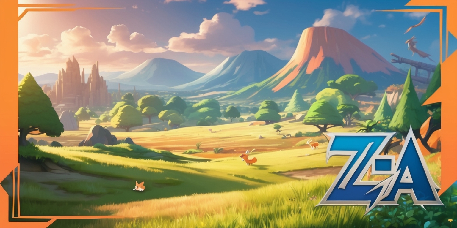 A scenic landscape depicting the vibrant world of Pokémon Legends: Z-A, with a vast open sky and rolling hills, featuring a mix of lush green forests and towering mountain ranges, set against a warm and inviting color palette with hues of orange, blue, and green, incorporating the game's unique art style, with a few Pokémon roaming freely in the distance, including the legendary creatures from the Z-A region, with subtle hints of ancient ruins and mysterious energies, all framed within a cinematic composition that emphasizes the sense of adventure and exploration, with a subtle focus on the game's logo, a stylized lettering with bold lines and a metallic sheen, positioned prominently in the foreground.