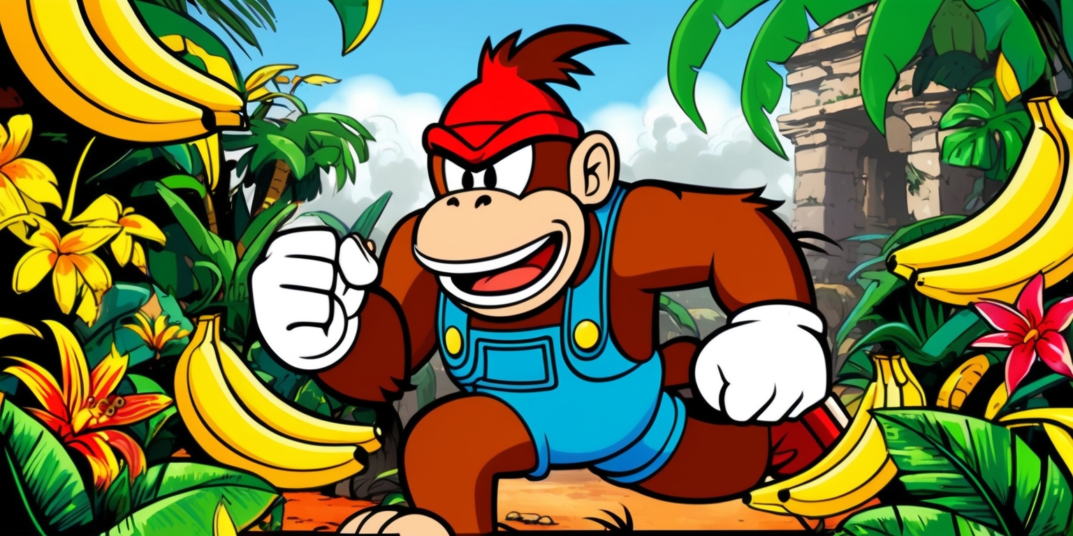 A vibrant, colorful illustration of Donkey Kong in a lively, Banana-filled jungle scene, surrounded by various tropical elements such as bright green leaves, exotic flowers, and ancient ruins in the background, with a hint of misty atmosphere, showcasing a dynamic composition with bold lines, and vibrant shades of yellow, orange, and red, evoking a sense of excitement and adventure, Donkey Kong's facial expression conveying a mix of determination and playfulness, with his iconic red tie and worn-out blue overalls, set against a warm, sunny sky with a few fluffy white clouds, as if it's a screenshot from a retro arcade game, with a dash of nostalgia and whimsy.