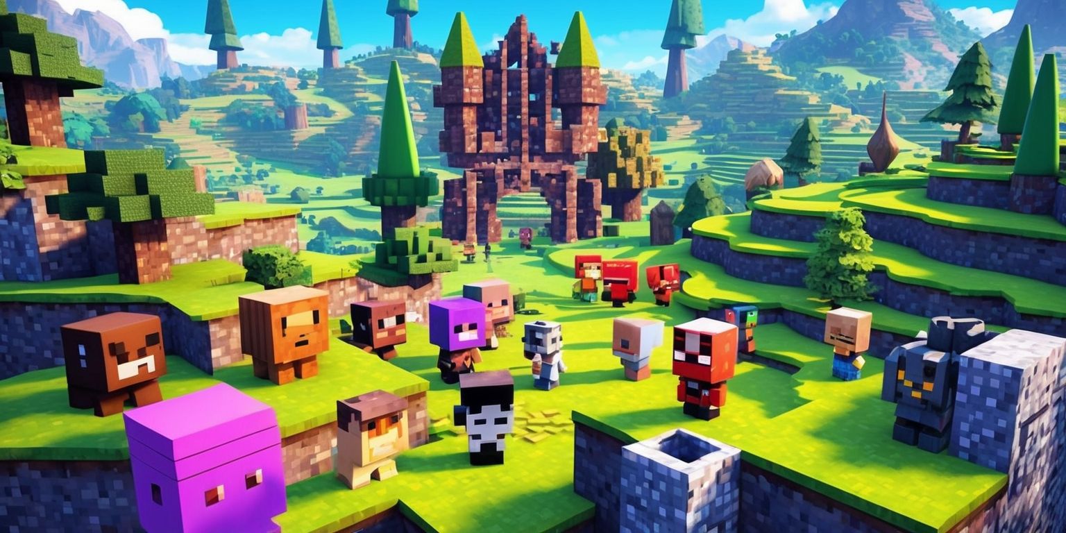 A vibrant, high-fantasy illustration of the Hytale game, featuring a mix of blocky, low-resolution characters and creatures set amidst a sprawling, procedurally generated landscape with rolling hills, towering trees, and intricate stone structures, all rendered in a stylized, pixelated art style with a bold color palette and dynamic lighting, including a variety of distinctive character models with unique facial features and skin colors, all arranged in a carefully composed scene with a clear sense of depth and visual hierarchy, incorporating subtle texture and pattern details to enhance the overall sense of realism and immersion.