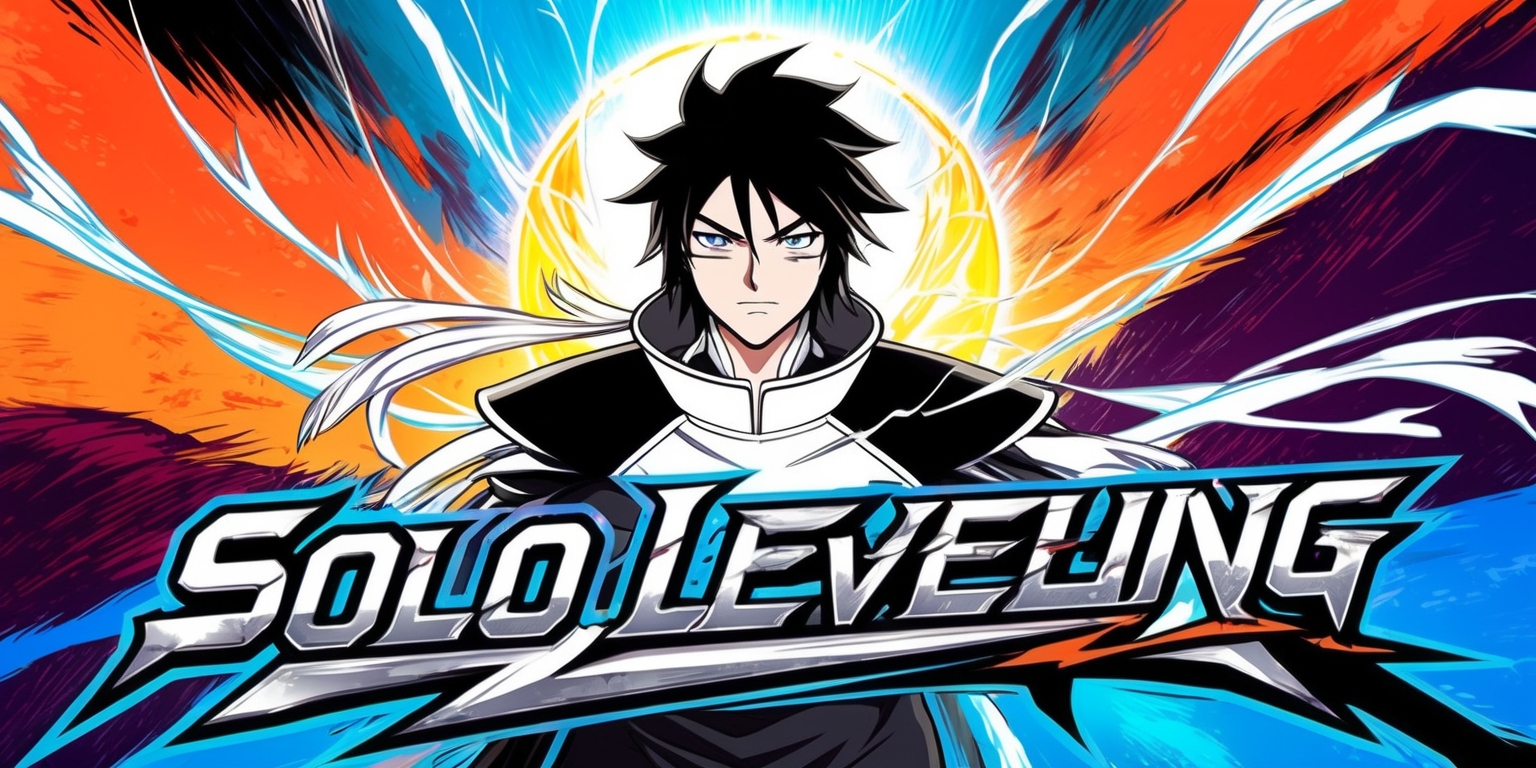 A vibrant and dynamic illustration inspired by the Solo Leveling anime series, featuring Sung Jin-Woo, the main protagonist, standing heroically in the center, with his iconic white and black attire, pale skin, and sharp facial features, his eyes gleaming with determination, surrounded by a halo of light and wispy tendrils of mana. The background is a whirlwind of colors, with shades of electric blue, fiery orange, and deep crimson, evoking the intense battles and magical energies prevalent in the series. The illustration style blends crisp anime lines with subtle texture and expressive brushstrokes, with bold typography in a modern, edgy font declaring the title Solo Leveling in metallic silver, with sweeping curves and sharp edges, against a gradient of deep blues and purples.