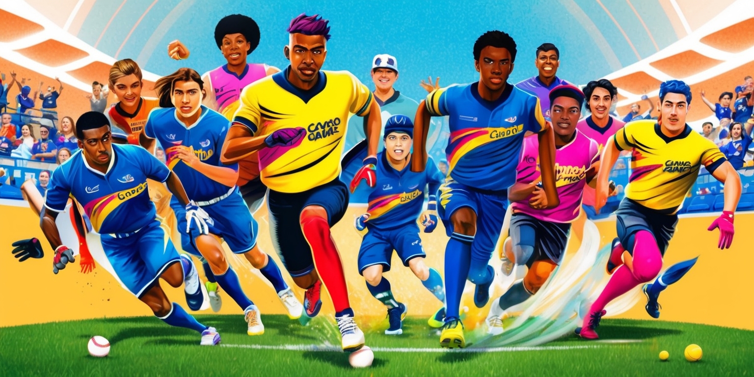 A vibrant and colorful illustration of a Concord game in action, set against a warm, sunny background with a subtle gradient of blue to evoke a sense of excitement and joy, depicting two teams of diverse players, each with unique facial features, skin tones, and hairstyles, dressed in sleek, modern uniforms with bold, bright colors and dynamic graphics, the Concord game's logo emblazoned prominently on their jerseys in a stylized, curved font with bold lines and sharp angles, the players' faces etched with determination and focus as they compete in a high-energy, fast-paced game, with balls, bats, and gloves scattered around the lush, green grass of the playing field, and a scattering of spectators in the stands, cheering and clapping in support of their favorite team.