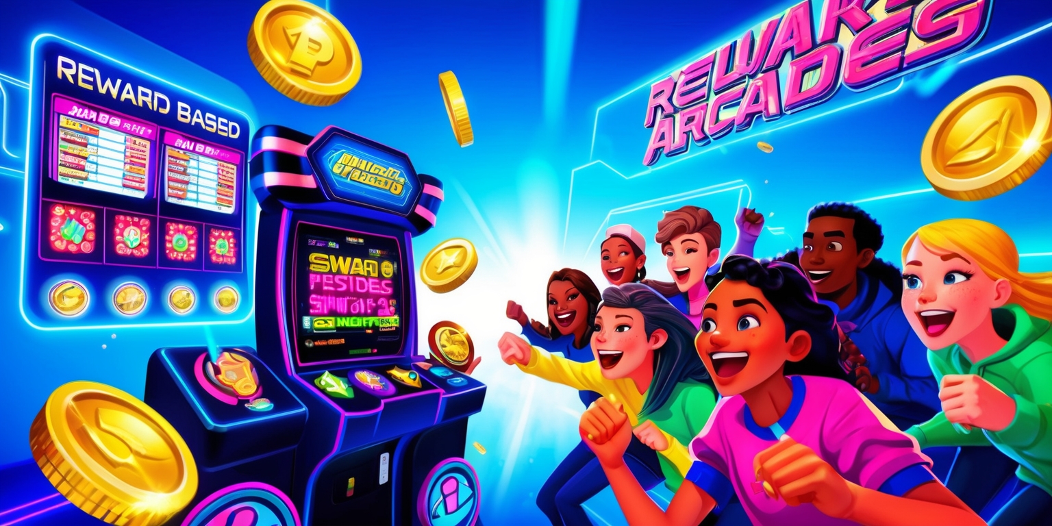 A vibrant and colorful digital illustration of a reward-based arcade game, set against a bright blue background with neon accents, featuring a variety of engaging game elements, such as shiny coins, glittering jewels, and flashing lights, with a prominent high-score display in a bold, futuristic font, and a sleek, modern arcade machine in the foreground, adorned with eye-catching logos and buttons, surrounded by excited gamers of diverse skin colors and facial features, all with big smiles and lively expressions, immersed in the thrilling experience of playing the game, with a sense of movement and energy emanating from the scene, and a overall sense of excitement and joy.