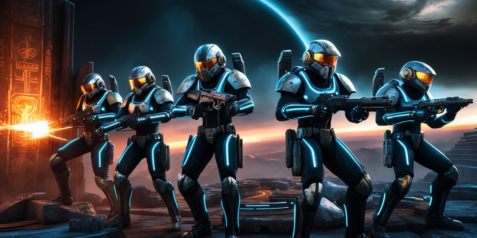 A futuristic science fiction scene depicting a group of Arc Raiders on a perilous quest, set against a backdrop of a dystopian planet with a dark and ominous sky, the raiders are dressed in sleek high-tech armor with metallic accents and glowing blue lines, their faces obscured by helmets with gold-tinted visors, they are surrounded by remnants of an ancient alien technology with strange symbols etched into the walls, the raiders are armed with advanced energy weapons and stand ready to face an unknown threat, the atmosphere is tense and foreboding with an intense orange glow emanating from the horizon, the raiders' armor is adorned with intricate details and metallic plating, the overall style is reminiscent of a gritty cyberpunk aesthetic with a focus on sharp lines and neon accents.