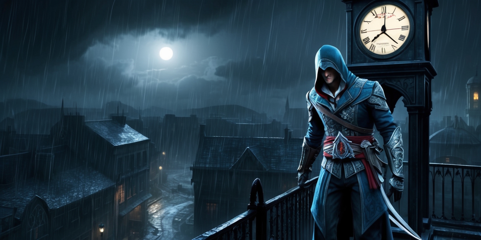 A dark and moody digital illustration depicting the mysterious and ominous world of Assassin's Creed Shadows, set against a gritty, rainy cityscape at dusk, with hints of mist and fog rolling in, illuminated only by flickering street lamps and faint moonlight. In the foreground, a lone, hooded assassin stands atop a Gothic-inspired clock tower, gazing out over the rooftops, their piercing eyes gleaming with determination, their facial features obscured by the shadows of their cowl. The assassin's attire is a rich, dark blue and grey, with intricate, ornate armor and a sleek, futuristic sword sheathed at their side. The atmosphere is tense and foreboding, with subtle, eerie mist swirling around the assassin's feet, hinting at the presence of ancient, otherworldly forces lurking in the darkness.