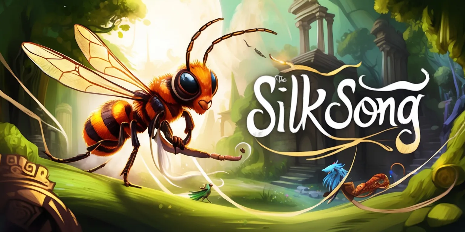 A vibrant illustration of the Silksong game, featuring a delicate and determined Hornet character with intricate, hand-drawn details, set against a whimsical, fantasy world backdrop with lush green forests, ancient ruins, and mystical creatures, rendered in a mix of warm, golden colors and soft, ethereal lighting, with bold lines and textures, and a sense of dynamic movement and energy, as if Hornet is about to embark on a thrilling adventure, with the game's logo subtly integrated into the scene, in a beautiful, cursive font with a soft, silken texture, and a few, strategically placed, glowing silk threads weaving through the atmosphere, evoking a sense of wonder and enchantment.