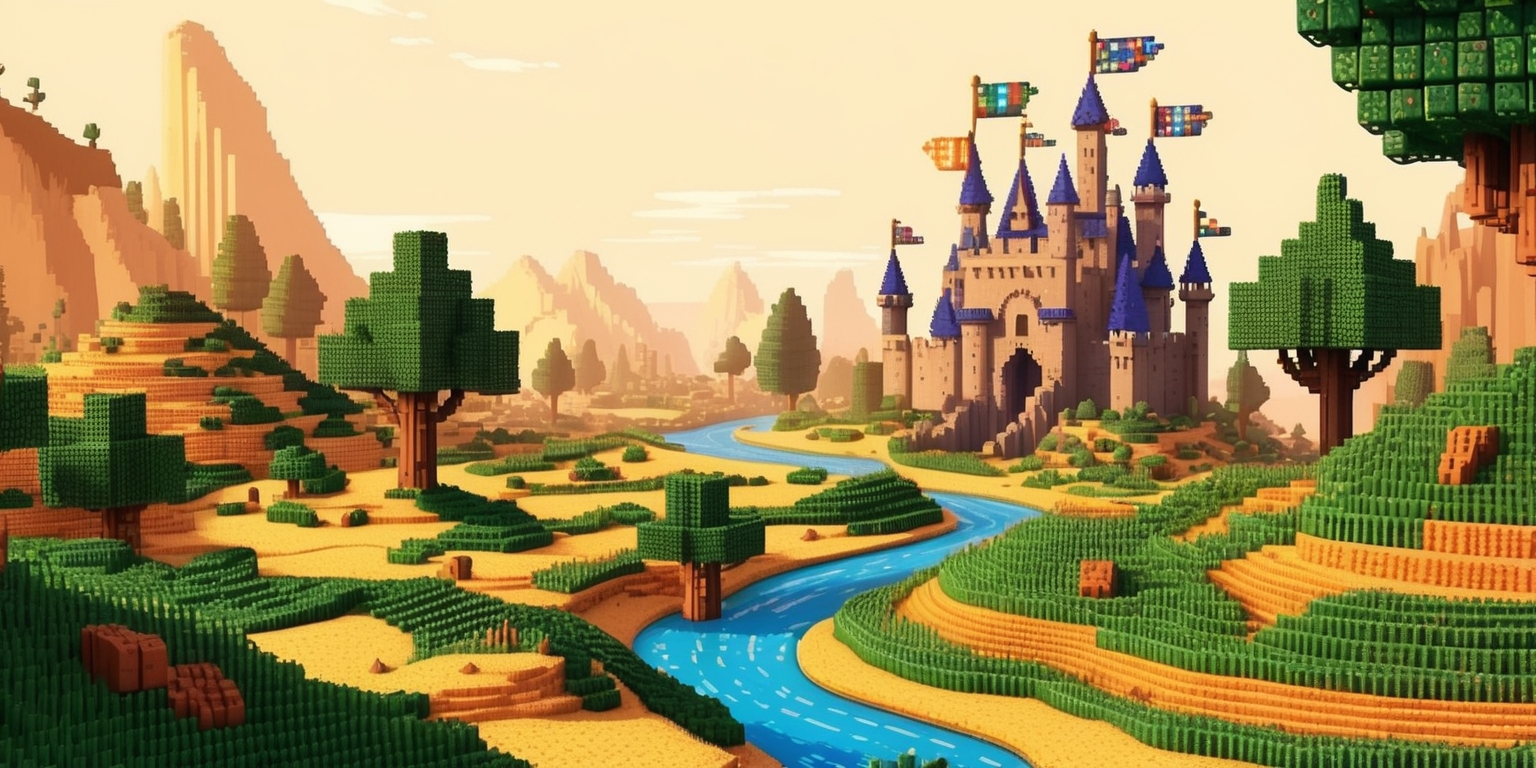 A vibrant, whimsical illustration of a fantasy realm inspired by video games, with pixel art aesthetics dominating the scenery. The landscape features rolling hills, towering trees, and winding rivers, all composed of tiny, colorful squares reminiscent of 8-bit graphics. In the distance, a majestic castle built from pixelated stones rises towards the sky, with flags bearing intricate, pixel-designed emblems flapping in the gentle breeze. The atmosphere is warm and inviting, with a soft, golden light casting long shadows across the terrain. The overall style is playful and nostalgic, with bold lines, exaggerated shapes, and a limited color palette that evokes a sense of retro gaming nostalgia. Every element, from the rocks to the trees to the castle's architecture, is carefully crafted to resemble the charming, low-resolution visuals of classic video games.