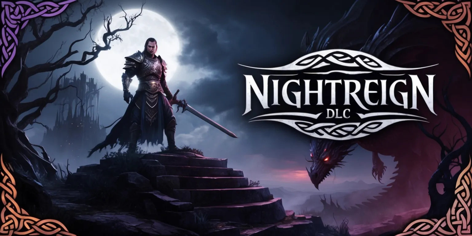 Elden Ring Nightreign DLC, a dark fantasy scene with a Gothic atmosphere, set in a mystical, moonlit landscape, featuring a lone, armored Tarnished warrior, with a determined expression, standing atop a rugged, ancient ruin, surrounded by twisted, eerie trees, and illuminated by an otherworldly, ethereal glow, with a massive, ominous dragon looming in the distant, misty horizon, and the Nightreign logo, in a bold, metallic silver font, emblazoned across the top of the image, in a stylized, curved line, with intricate, Celtic-inspired patterns and motifs, woven throughout the design, and a predominantly dark color palette, with shades of indigo, purple, and black, accented by flashes of golden, silver, and crimson light.