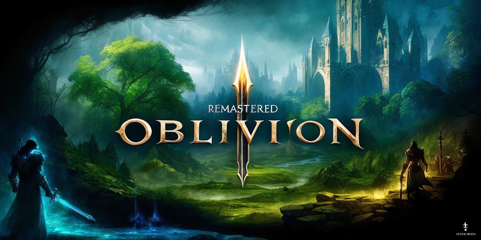 A stunning, highly detailed digital artwork depicting the remastered version of the iconic video game Oblivion. The dominant feature is the game's fantastical world with its lush green forests, medieval-inspired architecture, and mystical landscapes. The atmosphere is eerie and mystical, with subtle hints of magic and ancient power. The color palette is vibrant, with shades of blue, green, and gold, evoking a sense of wonder and adventure. The composition is dramatic, with a strong sense of depth and dimensionality, drawing the viewer's eye into the heart of the image. In the foreground, subtle hints of character silhouettes or game elements, such as magical staffs, ancient tomes, or mythical creatures, add to the sense of intrigue and mystery. The overall aesthetic is that of a high-fantasy, epic adventure, inviting the viewer to step into the remastered world of Oblivion.