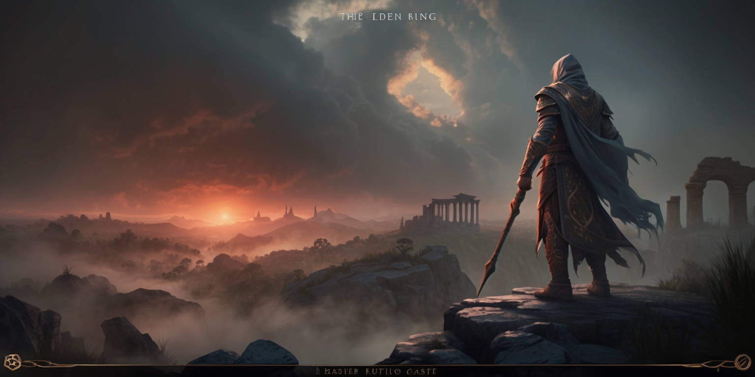 A misty, eerie, and mystical landscape inspired by the Elden Ring game, set at dusk with a warm golden light bleeding through the dark clouds, casting an orange glow on the rugged terrain and ancient ruins in the distance. In the foreground, a lone, cloaked figure stands atop a rocky outcropping, gazing out at the vista, their back to the viewer, with intricate, mysterious armor and a staff in hand. The atmosphere is heavy with an otherworldly energy, as if the very fabric of reality is unraveling. The color palette is a mix of muted earth tones, with splashes of crimson and gold, evoking a sense of foreboding and wonder. The image is rendered in a highly detailed, realistic style, with subtle textures and weathering on the armor and ruins, and a sense of depth and atmosphere that draws the viewer in.