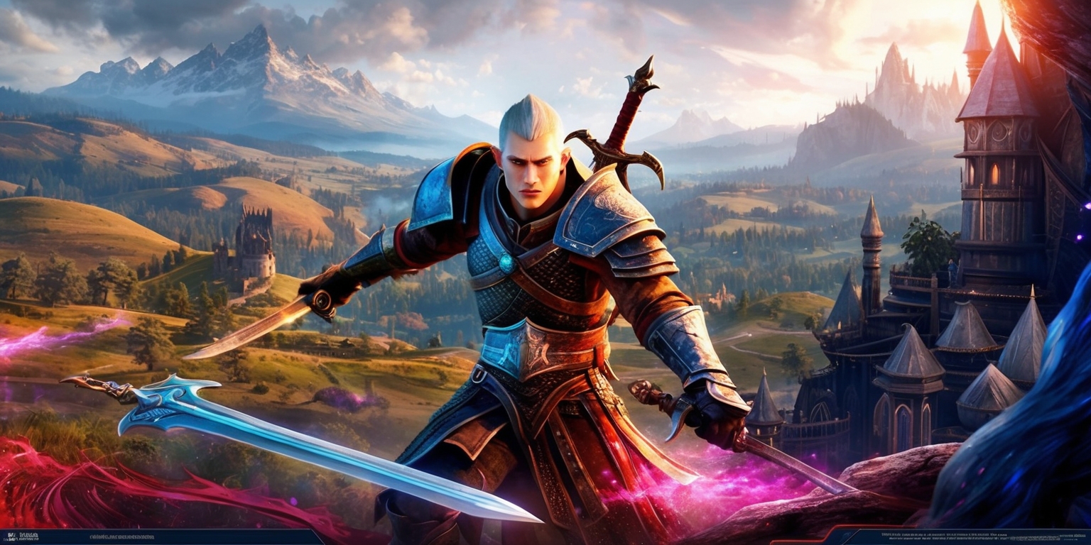 A highly detailed digital artwork depicting a dramatic scene from the Elder Scrolls Online game, set in a vast fantasy landscape with rolling hills, ancient forests, and majestic mountains in the background, featuring a brave warrior with sharp facial features, fair skin, and distinctive armor, standing heroically with a powerful sword in hand, surrounded by intricate textures, vibrant colors, and dynamic lighting effects, with a mix of medieval and mystical architectural elements, and a subtle glow of magical aura, all rendered in a stunning, realistic style with precise lines, delicate shading, and meticulous attention to detail.