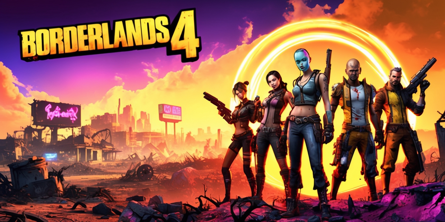 A vibrant, post-apocalyptic landscape depicting the gritty world of Borderlands 4, with a dusty, worn-down cityscape in the background, featuring crumbling buildings, twisted metal, and neon-lit billboards, set against a fiery orange sky with hints of purple and pink hues, evoking a sense of chaos and anarchy, while in the foreground, a group of four playable characters, each with unique facial features, skin tones, and attire, stand back-to-back, armed to the teeth, showcasing their individual styles, from the gritty, punk-rock inspired look of the female Siren to the rugged, battle-hardened appearance of the maleGunzerker, surrounded by a halo of light, with the Borderlands 4 logo emblazoned in bold, metallic letters, with a worn, grungy texture, in the top-left corner of the image, against a subtle, gradient background that shifts from dark blues to deep purples.