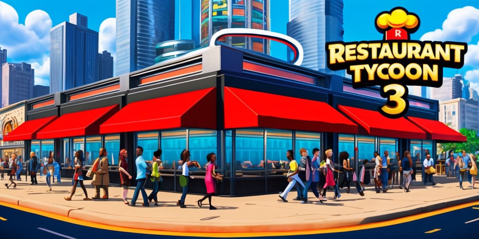 A colorful digital illustration of a fictional cityscape with a prominent restaurant in the foreground, inspired by the game Restaurant Tycoon 3, featuring a sleek and modern building with large windows, a bright red awning, and a bustling atmosphere with people of diverse skin colors and facial features walking in and out, set against a backdrop of towering skyscrapers and busy streets, with a clear blue sky and fluffy white clouds, incorporating the game's logo in a bold, golden font with a chef's hat icon, and a tagline in a curved line above the restaurant's entrance, in a style reminiscent of a simulation game's artwork, with vibrant colors and sharp lines, and a sense of energy and excitement, capturing the essence of the game's theme and atmosphere.