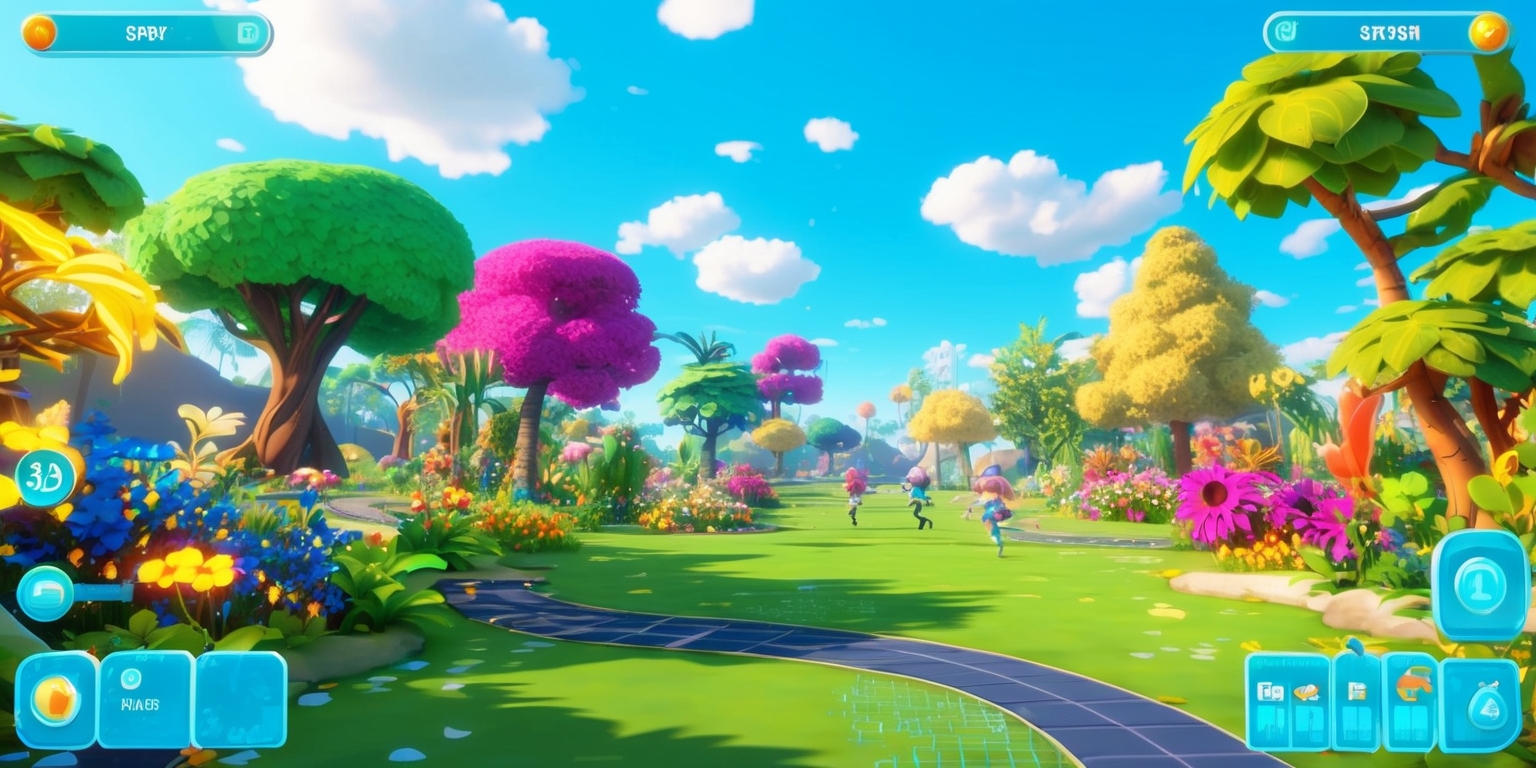 A vibrant and lush virtual garden game scene with a mix of 3D and fantasy elements, featuring various colorful flowers, trees, and glowing plants, set against a bright blue sky with fluffy white clouds, and a subtle grid or path layout, with possibly a few gamers or avatars in the distance, exploring and interacting with the environment, surrounded by sleek and modern user interface elements, such as buttons, menus, and scoreboards, with a bold and playful font style, and a general atmosphere of serenity and adventure, with warm and soft lighting effects, and a sense of depth and immersion.