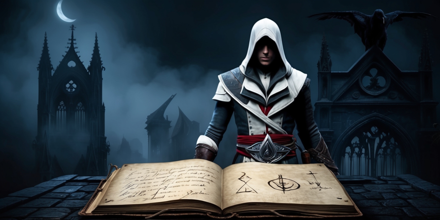 A hauntingly lit, atmospheric scene depicting an Assassin's Creed-inspired character standing atop a mist-shrouded, Gothic-style cathedral, with intricately carved stone gargoyles looming in the background, set against a dark, moonless night sky with subtle, crescent moon hints. The assassin, cloaked in a hooded, dark grey and white ensemble, with a silver brooch in the shape of the Assassin's Creed emblem on their chest, gazes out into the distance, their facial features obscured by the shadows, their skin tone a subtle, olive complexion. In the foreground, a worn, leather-bound, ornate journal lies open, with cryptic, handwritten notes and sketches of ancient symbols and machinery. The atmosphere is tense, with an air of mystery and foreboding, as if the assassin is about to embark on a perilous mission.