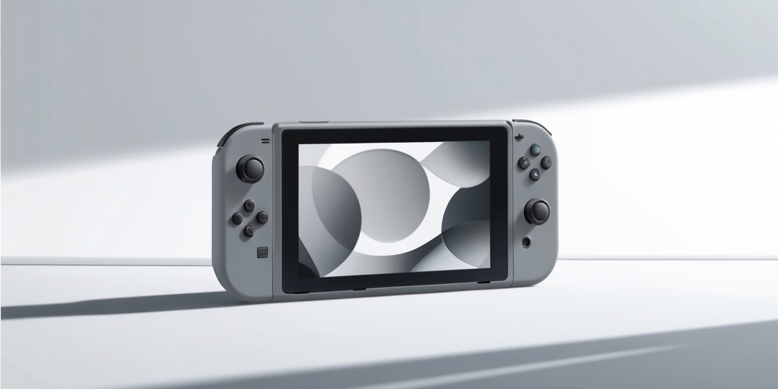 A highly detailed, realistic illustration of the Nintendo Switch 2 console, prominently centered on a clean, minimalist white background, with a slight gradient effect to give it a subtle, modern sheen. The console's sleek, curved design is showcased in a warm, matte gray tone, with precise, intricate details on the Joy-Con controllers, buttons, and vents. The screen displays a faint, soft glow, hinting at an enticing game or menu screen. The overall aesthetic is sleek, contemporary, and sophisticated, with clean lines and a focus on Functionality, while also evoking a sense of fun and adventure. The image is sharp, vivid, and crisp, with a shallow depth of field to draw the viewer's attention squarely to the console.