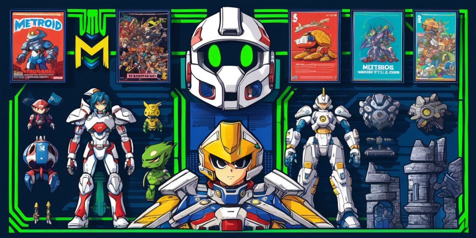 A vibrant and detailed illustration of various Metroid collectibles merchandise, including intricately designed action figures, colorful posters, and intricately molded replica power suits, set against a dark blue background with neon green accents, showcasing a range of characters from the Metroid series, with Samus Aran's iconic power suit and helmet prominently displayed, alongside other recognizable characters and symbols, such as the Metroid creatures and the Chozo ruins, with bold lines, dynamic shading, and a mix of metallic and matte textures, and a sense of depth and dimensionality, with the merchandise items arranged in a visually appealing and organized composition.