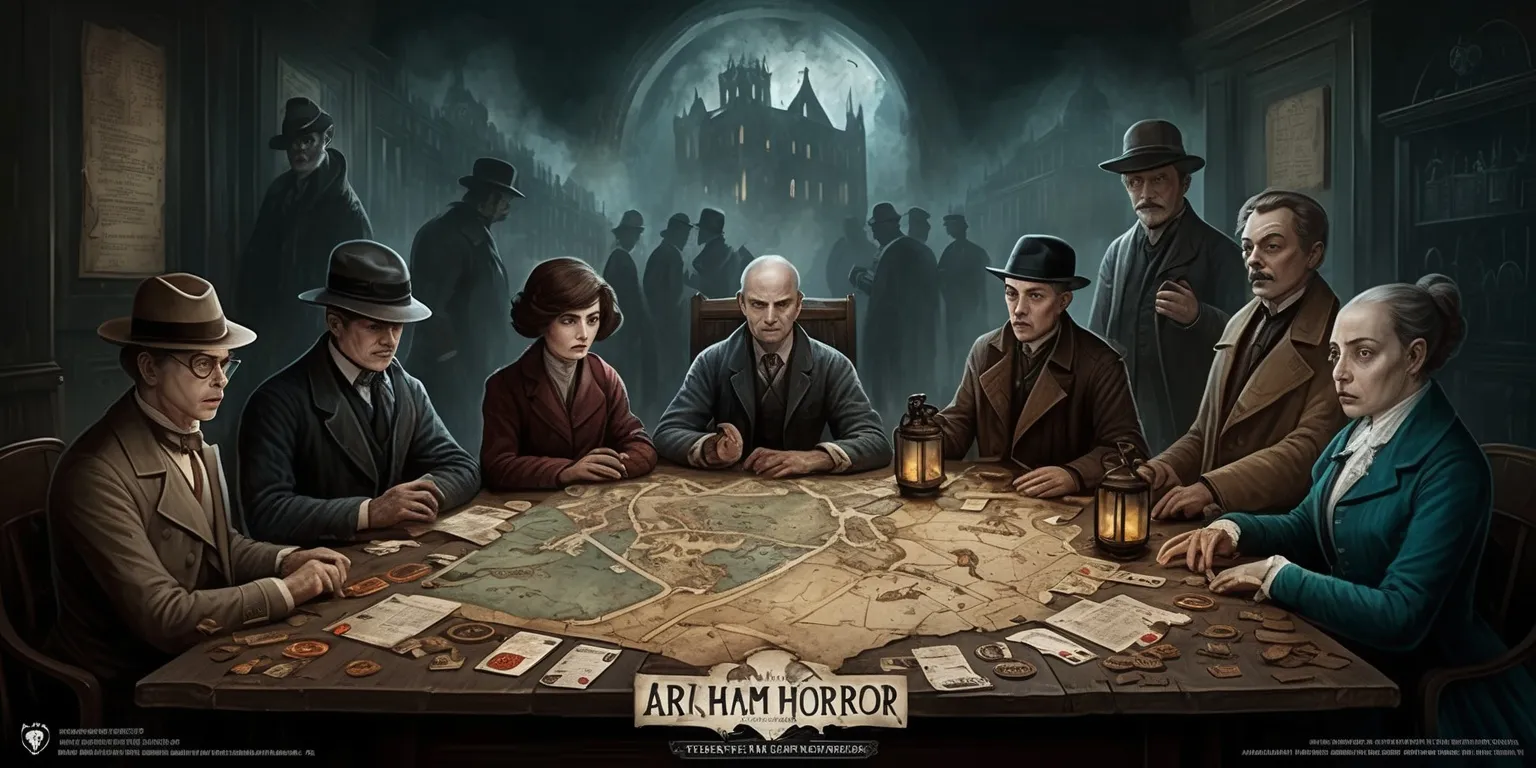 A richly atmospheric illustration inspired by the Arkham Horror board game, depicting investigators gathered around an old wooden table covered with maps, clue cards, mysterious tokens, dim lanterns, and scattered occult artifacts. The scene evokes 1920s New England gothic horror, with shadowy Arkham streets, looming Victorian buildings, fog, and an ominous cosmic rift visible beyond the room. Include diverse investigators in period clothing, tense expressions, pale faces, weary eyes, and distinctive details such as a fedora, round spectacles, a detective’s coat, and a vintage dress. Use a muted palette of sepia, charcoal, deep crimson, aged parchment, and sickly teal, with dramatic chiaroscuro lighting, intricate painted textures, subtle woodcut and pulp-horror influences, and a cinematic composition focused on the game table and the supernatural threat beyond it.