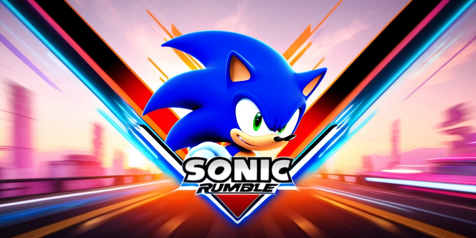 A vibrant and dynamic illustration of the Sonic Rumble game, featuring Sonic the Hedgehog as the central character, with a determined expression and his iconic blue spikes, set against a V-shaped composition with a blurred background of a futuristic cityscape at sunset, with warm orange and pink hues, and bold lines, the game's logo prominently displayed in a curved line above Sonic's head, in a sleek, modern font with metallic silver letters and a bright blue outline, surrounded by subtle, glowing aura effects, with speed lines and motion blur conveying a sense of high-speed action and energy.