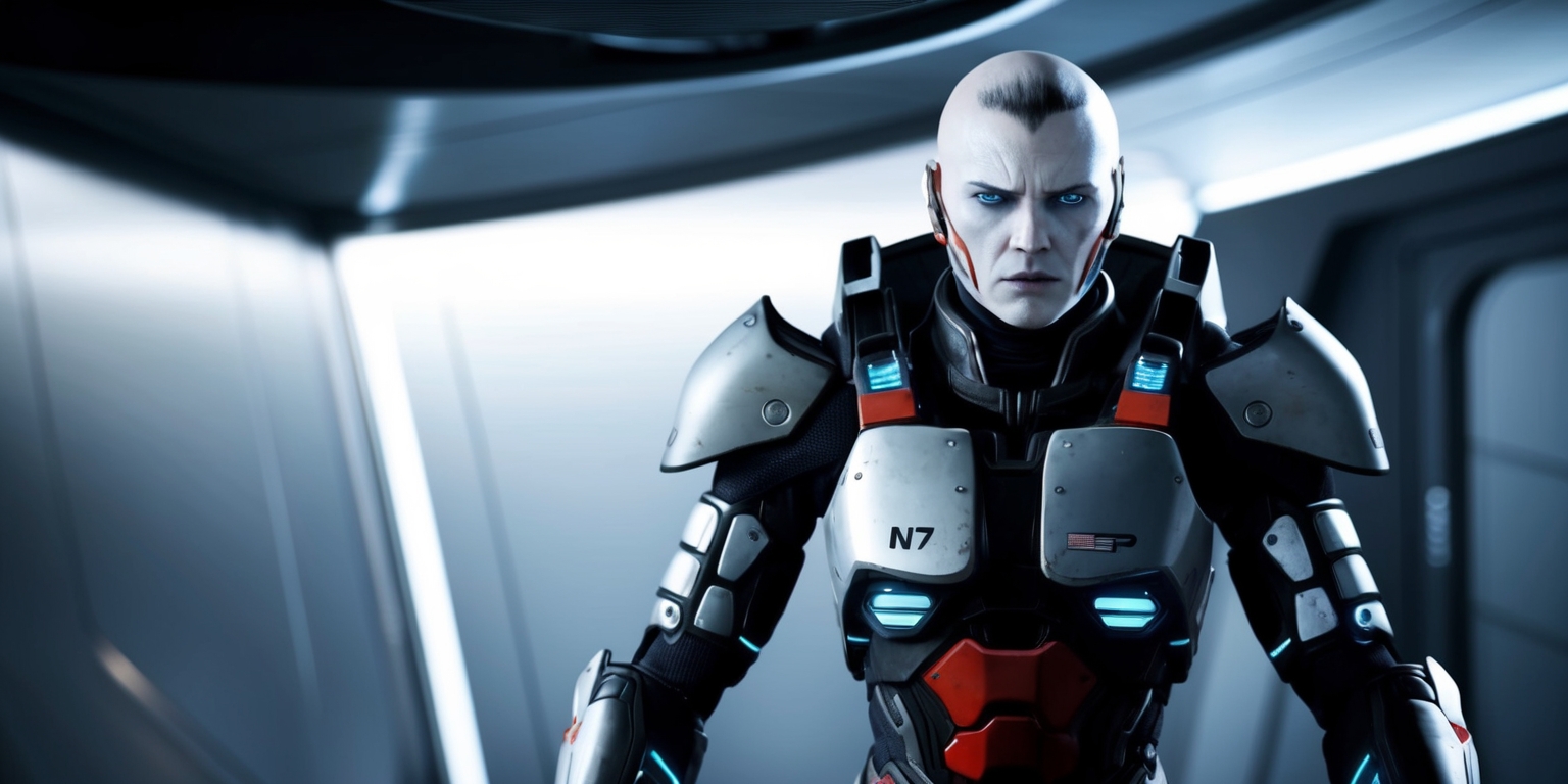 A futuristic, high-tech environment with a prominent focus on Commander Shepard, the protagonist of Mass Effect 2, standing assertively in the center, clad in their iconic N7 armor, with a determined expression on their pale-skinned face, featuring sharp facial features and piercing blue eyes. The armor is a blend of silver, black, and red hues, with intricate details and neon blue strips. The background is a sleek, metallic corridor with a subtle gradient of dark blues and grays, evoking a sense of advanced technology and space exploration. The overall atmosphere is moody and dramatic, with subtle lighting accents highlighting the protagonist's character. In the distance, a subtle hint of a spaceship's interior or a futuristic cityscape adds depth to the scene. The image style is reminiscent of a high-quality video game cutscene, with bold lines, vibrant colors, and a mix of realistic and stylized elements.