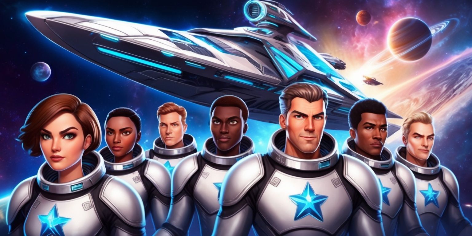 A futuristic Star Sailors game scene with a vibrant celestial background, featuring a large spaceship with metallic surfaces and glowing blue accents, sailing through the stars, with a crew of diverse astronauts in sleek white and silver space suits, having varying skin tones and unique facial features, such as a female astronaut with short brown hair and a determined expression, and a male astronaut with a strong jawline and a hint of a smile, set against a stunning backdrop of stars, planets, and galaxies, with a sense of adventure and exploration, and the game's logo, a stylized silver star with a sail-like design, emblazoned on the side of the spaceship, in a digital art style with bold lines and bright colors.