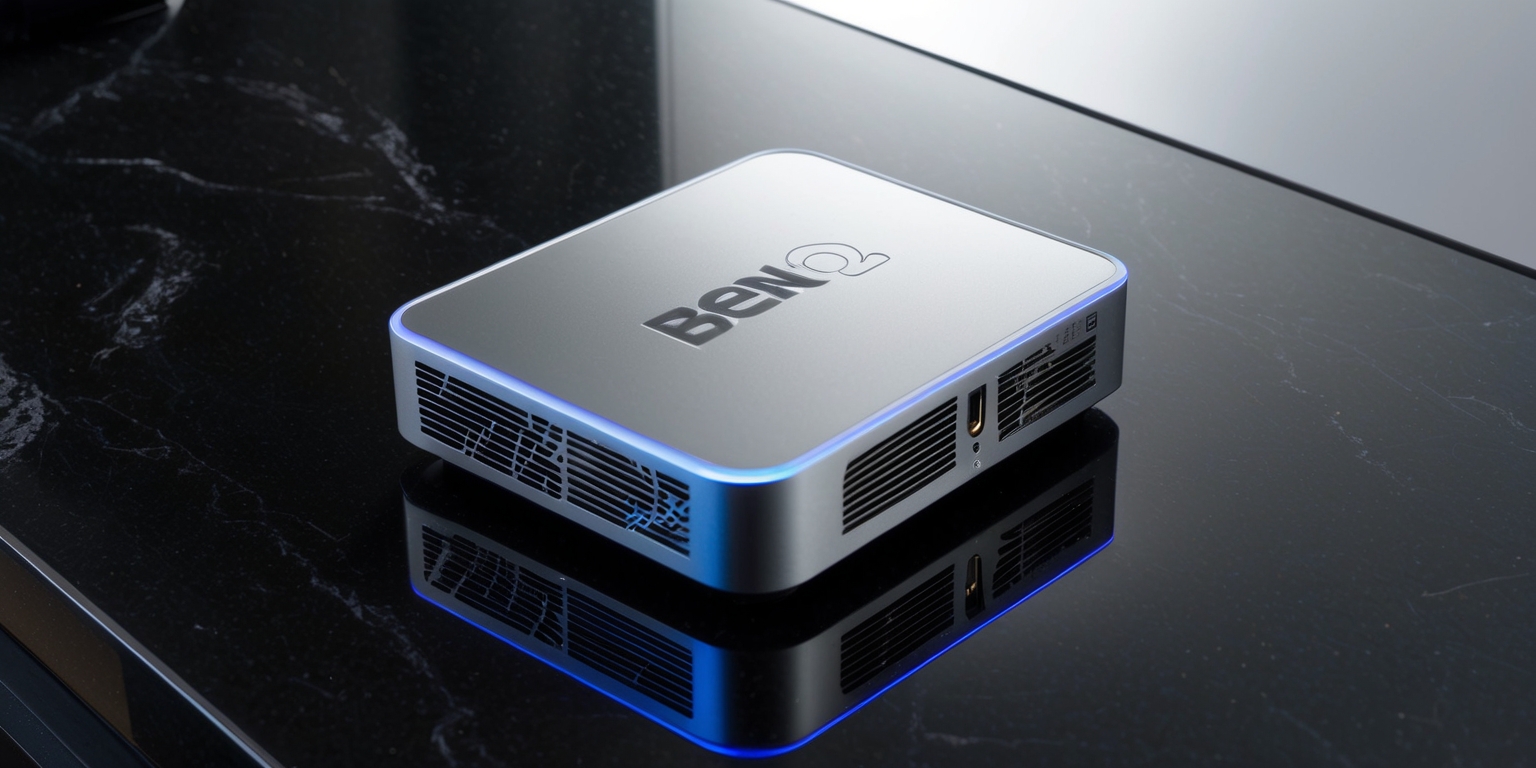 A sleek and modern BenQ GR10 Steam Deck dock accessory sits centrally on a polished black granite surface, its matte silver body subtly reflecting the surrounding environment, with a hint of blue accent lighting along its edges, evoking a sense of high-tech sophistication, the Steam Deck logo embossed on the top in silver, with a bold, sans-serif font, surrounded by a series of ventilation grills in a diagonal pattern, while a few HDMI ports and a USB-C connector line the rear, the overall design exuding a sense of minimalist elegance and functionality.