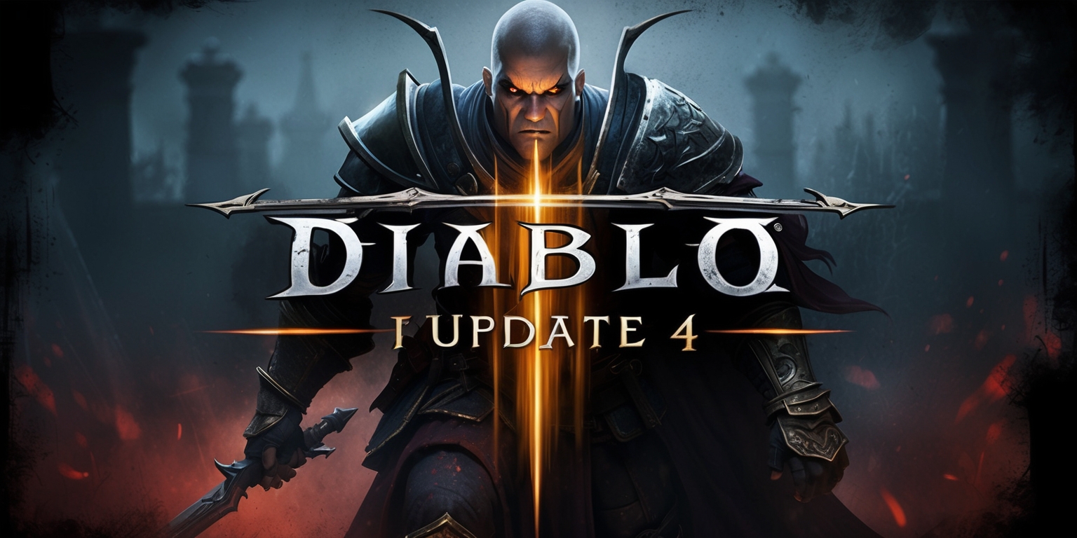 A dark fantasy themed illustration of a Diablo 4 game update scene, set in a grim medieval world with ominous lighting, featuring a bold and heroic character in the center, with intricate details on their armor and weapons, surrounded by a haunting atmosphere, with muted colors and subtle texture, the character's facial features are strong and determined, with a fierce expression, the background is a blurred mix of dark blues and grays, with hints of fiery red and orange, the game's logo is emblazoned in a curved line above the character, in a metallic silver color with a subtle glow effect, the overall style is a mix of medieval and gothic elements, with a sense of foreboding and intensity, the layout is dynamic, with the character and logo positioned in a way that draws the viewer's eye to the center of the image.